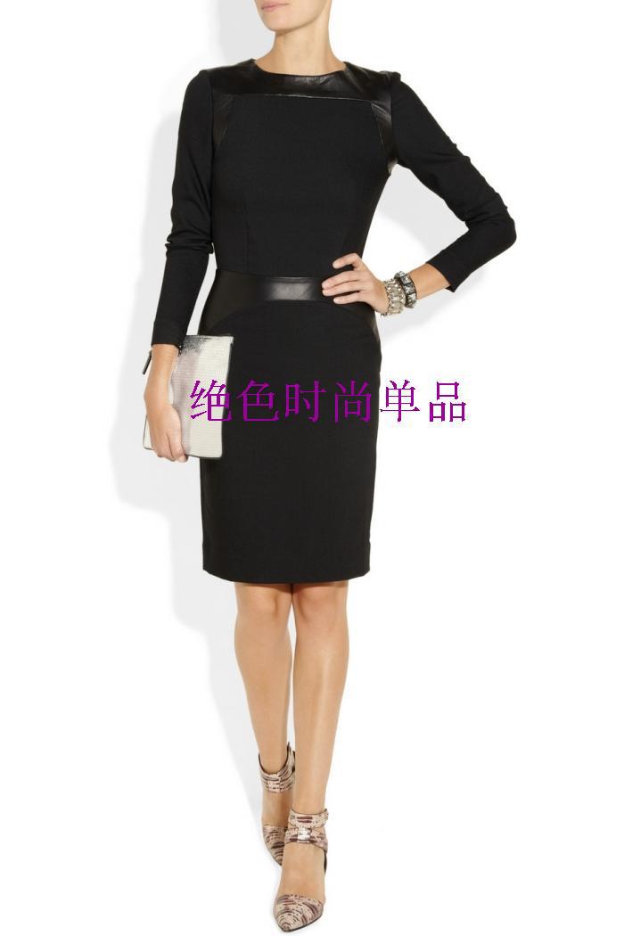 New  Fashion Spring OL Style Outfit Leather Patchwork  Long-Sleeve Formal Dress Free Shipping