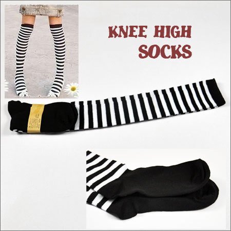 NEW FASHION STRIPE BLACK WHITE KNIT THIGH KNEE HIGH SOCKS LEGGING free shipping