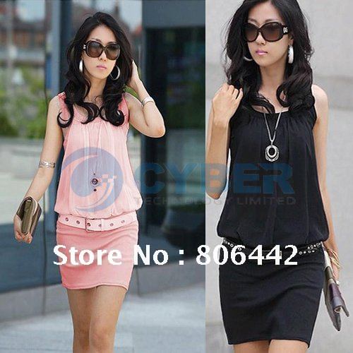 New Fashion Stylish Women's Causal Crewneck Sleeveless Chic Tunic Chiffon Mini Dress(without belt) Free Shipping