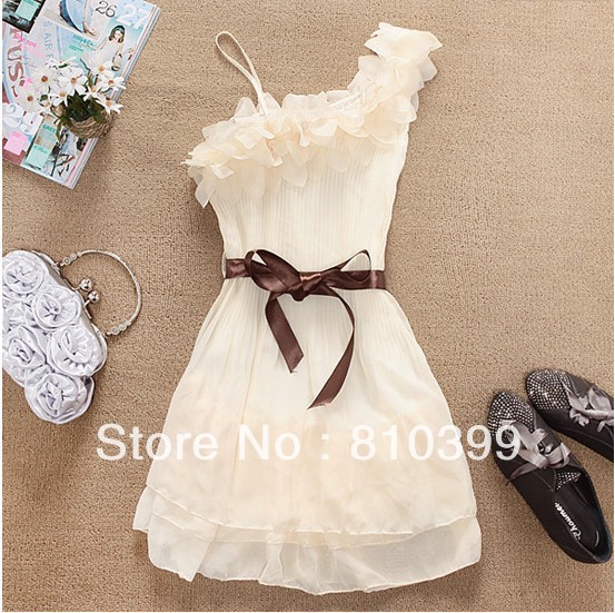 New Fashion Sweet Pleated Party One Shoulder Off Dresses Sexy Chiffon Stylish Ladies Women Dress Freeshipping#D005