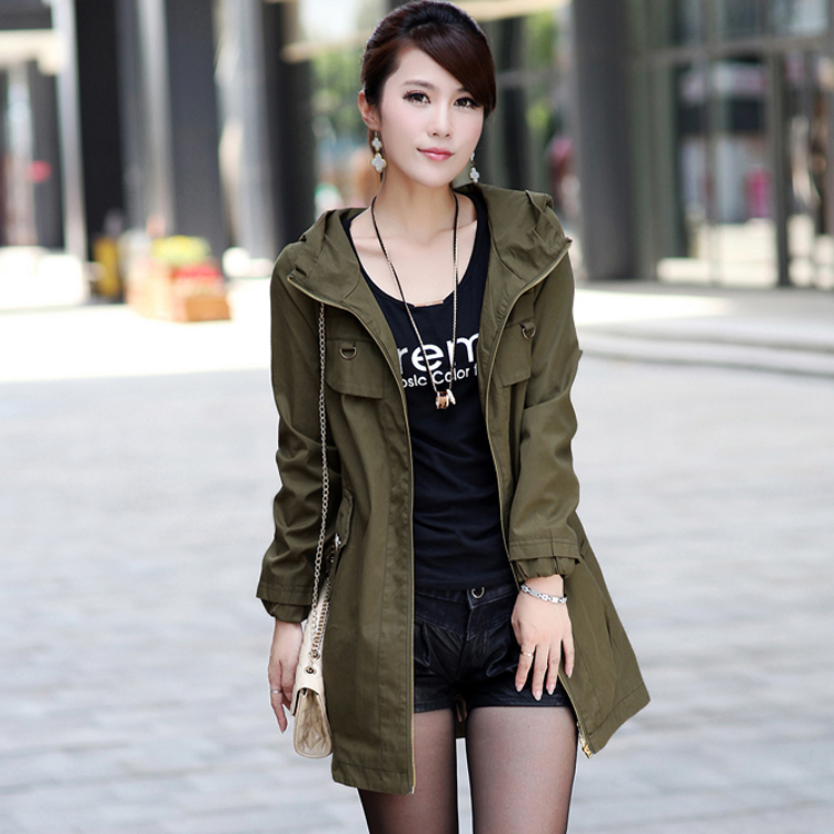 new Fashion trench Women 2012 spring and autumn outerwear hooded Army Green medium-long slim autumn