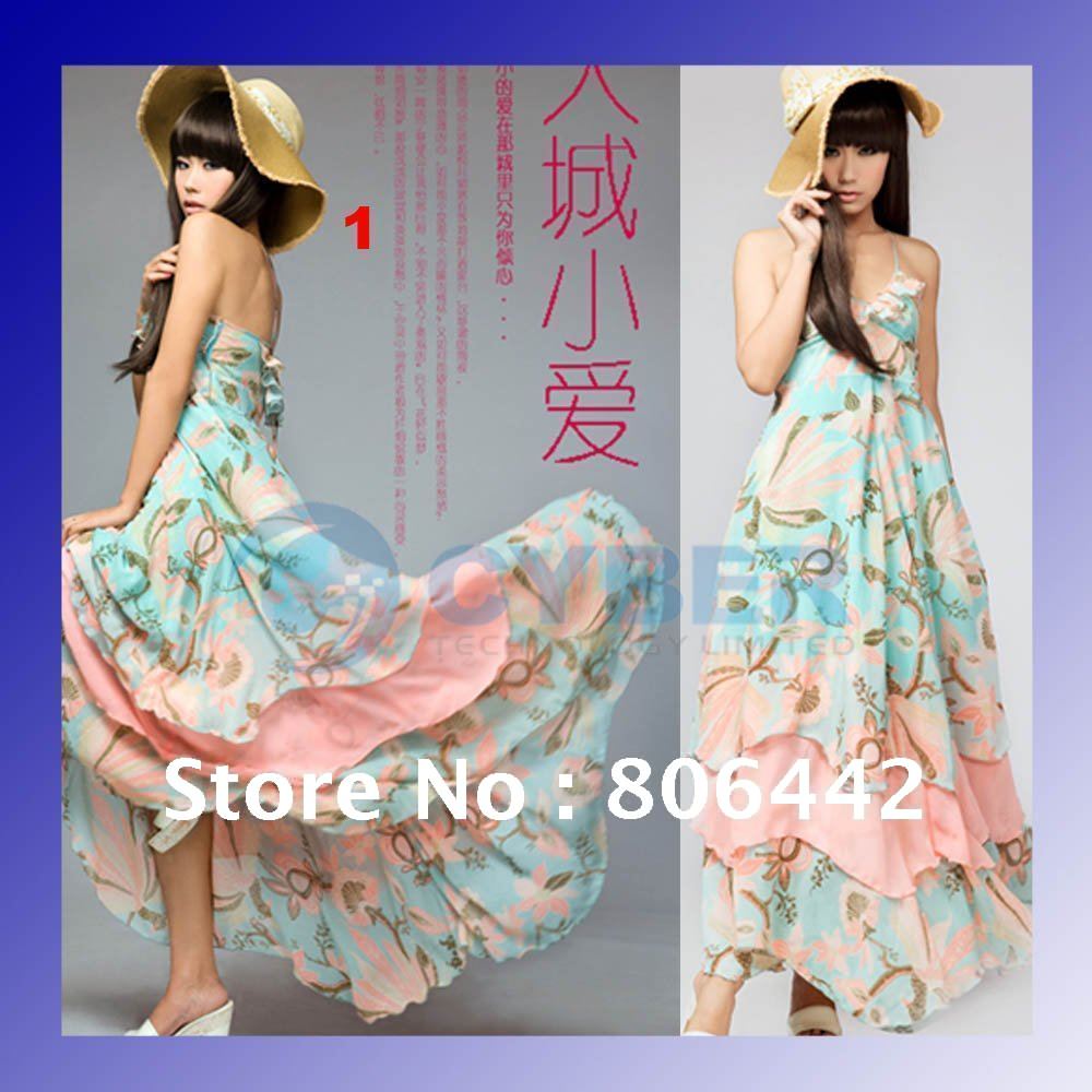 New Fashion V neck Floral dress,Bohemian style Maxi Chiffon Long skirt + Free Shipping