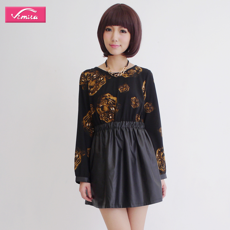 New Fashion Vimiva2013 spring plus size one-piece dress tiger patchwork skirt leather skirt Free shipping