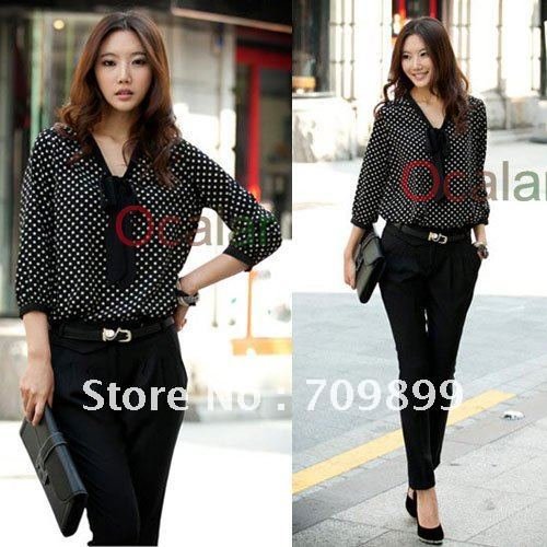 New Fashion Vintage Polka Dots bowknot Sexy Women OL Party Club Chiffon Top Shirt Blouse E0343