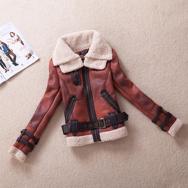 New Fashion Western Style Leather Jacket Upset Lambs Wool  PU Skin Thin Female Coat Free Shipping