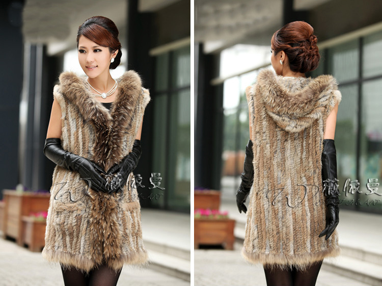 New Fashion Women A327  knit Rabbit Raccoon Fur Hoodie Long Jacket Coat Sweater Vest