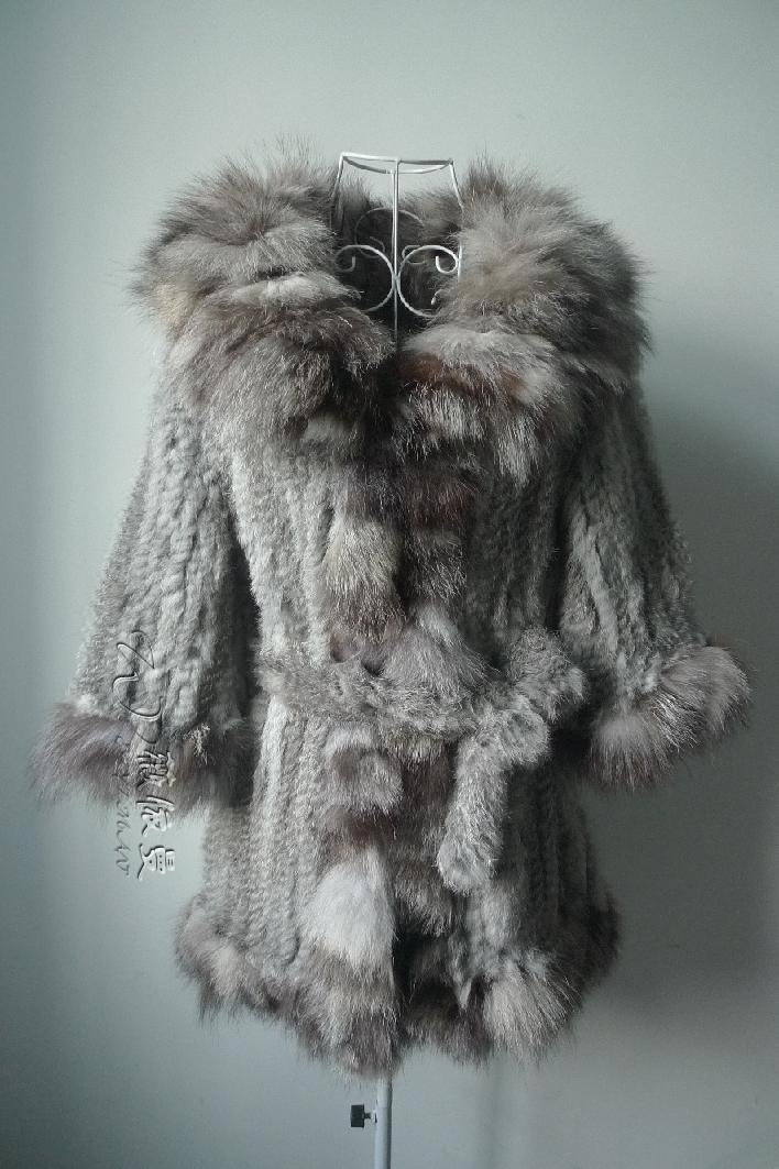 New Fashion Women B5 Knit Hand Made Weaved Stitch Rabbit Fur Silver Fox Fur Collar Coat Jacket overcoat