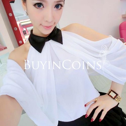 New Fashion Women Chiffon Solid Color Bow Off-Shoulder Top Blouse Shirt CA1115 [23017|01|01]