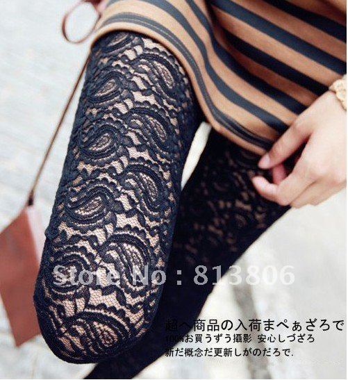 new  fashion  women lace  and   leather   split joint     grenadine slim   Leggings  black