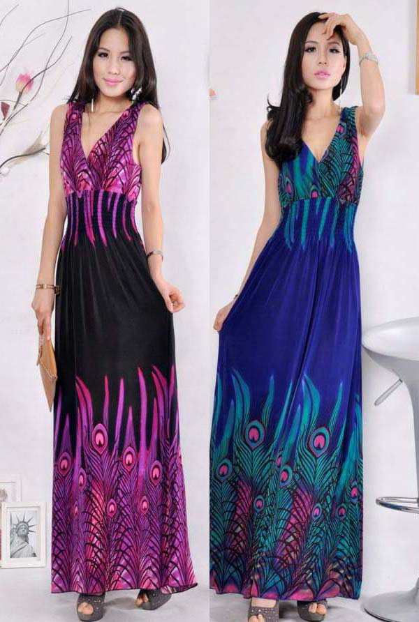 New Fashion Women Lady Deep V Collar Sexy Peacock Evening Bohemian Sophisticated Summer Long Beach Dress Maxi Skirt Dresses 085