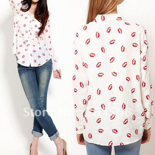 New Fashion Women Lady Sexy Red Lip Kiss Printed Long Sleeve Blouse Button Shirt Top Clothes Free Shipping