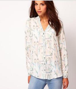 NEW  FASHION WOMEN MAGPIE BIRDS CHIFFON LONG  SLEEVE V NECK  BLOUSE SHIRT