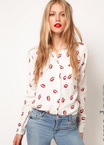 NEW  FASHION WOMEN RED LIP PRINT LONG  SLEEVE CHIFFON BLOUSE SHIRT