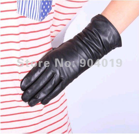 New Fashion Women Ruched Gloves 28cm Genuine Lambskin Leather Slim Fit S M L