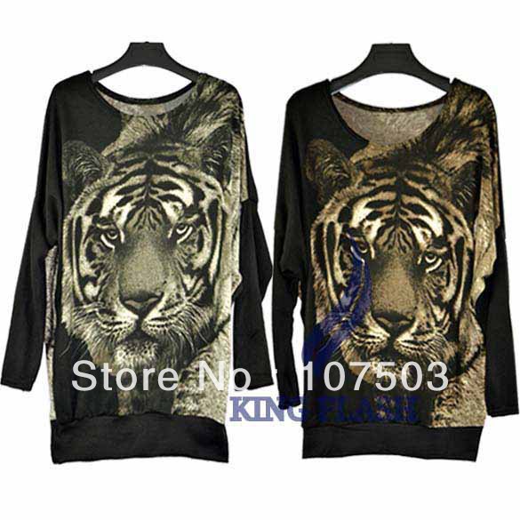 New Fashion Women's Batwing Jumper Tiger-Print Long Sleeve Sweater Tops 2 Colors free shipping 7700