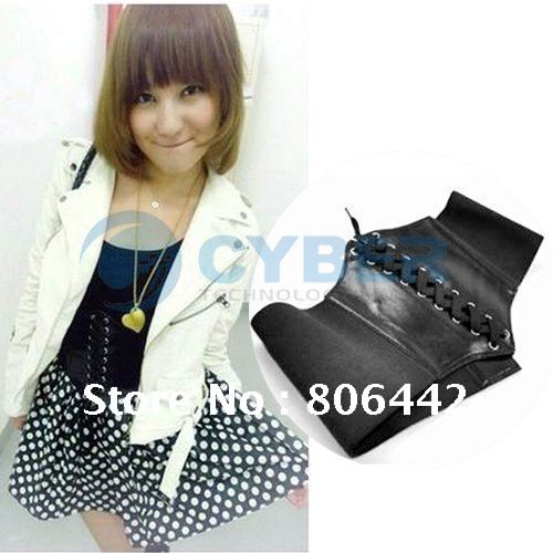 New Fashion Women's Beautiful Stretchy Wide Black Faux Leather Corset Waist Belt Free Shipping