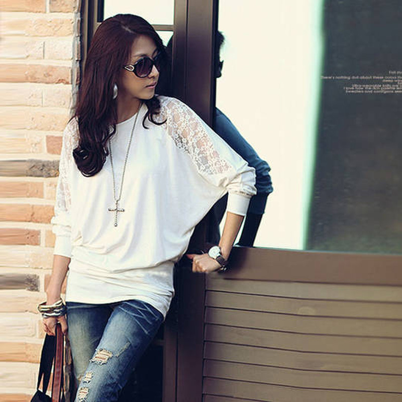 New Fashion Women's Blouse Batwing Sleeve Loose Tops T-shirt Cotton Lace White , Free Shipping Dropshipping Wholesale