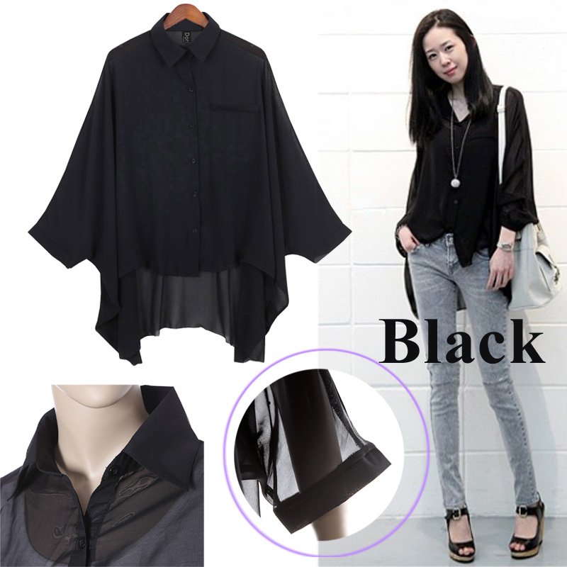 New Fashion Women's Blouse Chiffon Batwing BOHO Tops Asym Hem Black ,Free Shipping Dropshipping Wholesale