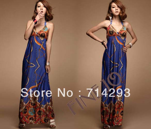 New Fashion Women's Bohemian Hawaiian V-neck Long Beach Dress Sundress Summer Hot Sell free shipping 10443
