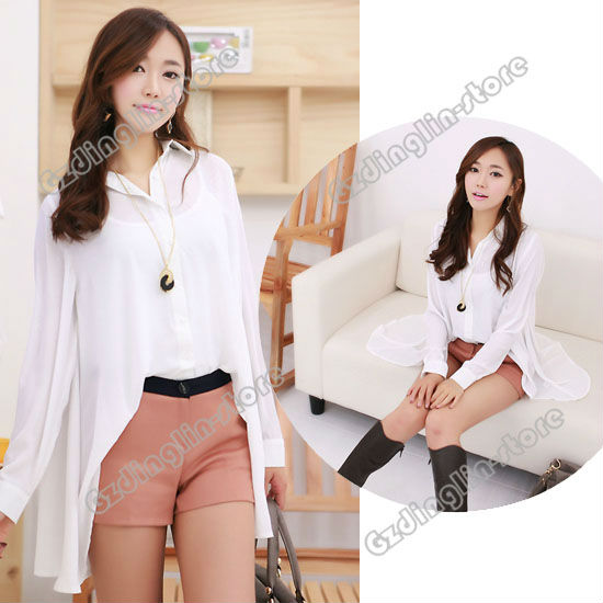 New Fashion Women's Clothing Ladies Long Batwing Sleeve Casual Chiffon Shirt Top Blouse Solid White M Size Free Shipping 0329