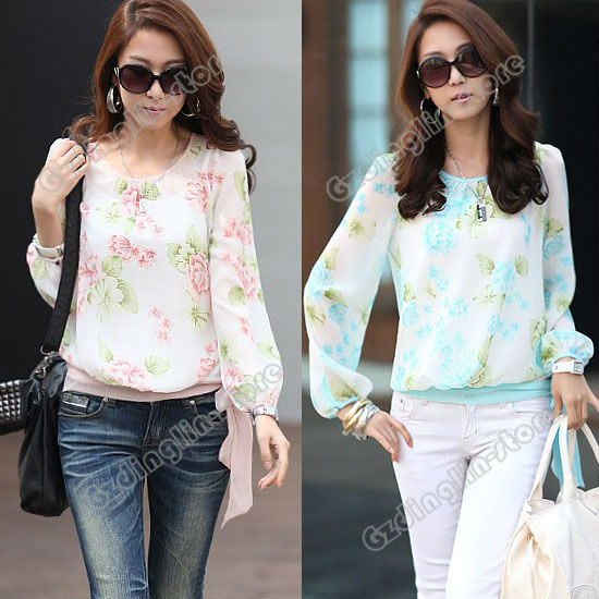 New Fashion Women's Clothing Ladies Long Sleeve Floral Print Pattern Chiffon Casual Tops Blouses Shirt Size S Free Shipping 0518
