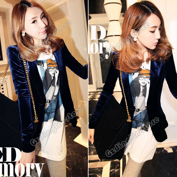 New Fashion Women's Clothing Long Sleeve Slim Suit Blazer Outerwear Jacket Coat Solid Color Blue Size M Free Shipping 0025