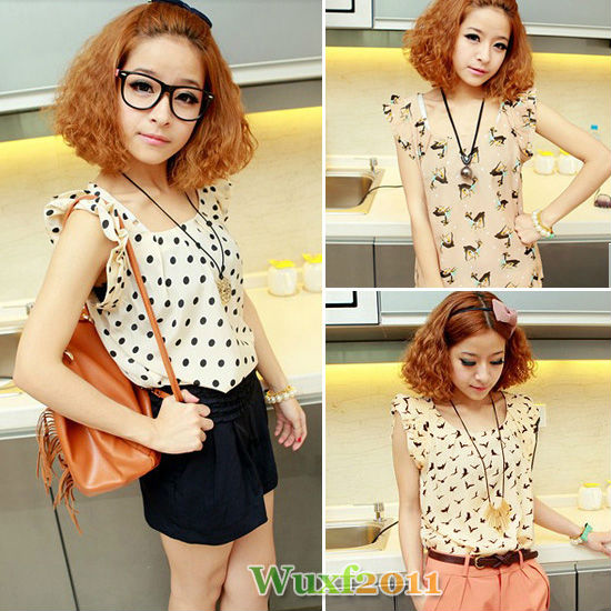 New Fashion Women's Clothing Short Sleeve Animal Prints Casual Summer Chiffon Shirt Blouse Tops Size S Free Shipping 0570
