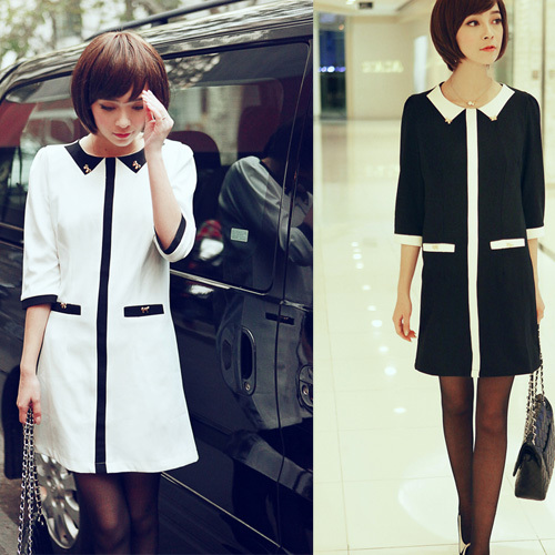 New Fashion Women's Color Block Half Sleeve Bow Dress Zipper Back 3821