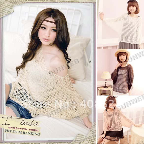 New Fashion Women's hollow out 3/4 dolman batwing sleeve Knit sweater plain blouse tops 4 colors free shipping 7297