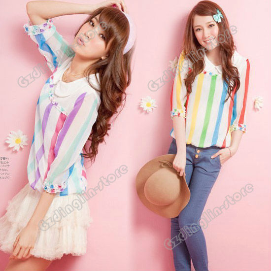 New Fashion Women's Ladies 3/4 Sleeve Saclloped Collar Multicolour Stripe Casual Chiffon Shirt Tops Blouse Free Shipping 0679