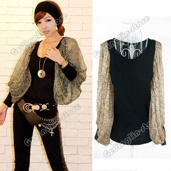 New Fashion Women's Ladies Clothing Long Puff Sleeves Snake Sexy Chiffon Shirt T-Shirt Tops Blouse Size S Free Shipping 0648