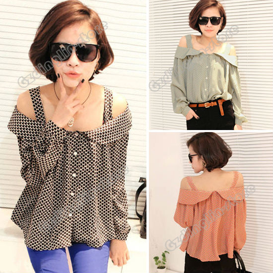 New Fashion Women's Ladies Long Sleeve Off Shoulder Casual Chiffon Shirt Tops Blouses 4 Colors Size S Free Shipping 0351