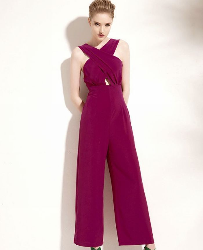new fashion women's ladies' sexy cross solid color loose jumpsuit S M L Free Shipping