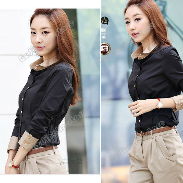 New Fashion Women's Ladies Vintga Long Sleeve Slim Fit Polo Neck Chiffon Shirt Top Blouse Black Size S M L Free Shipping 0389