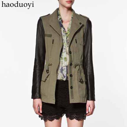 New Fashion Women's Leather patchwork outerwear hunting Army Green trench Top quality XS-XXL