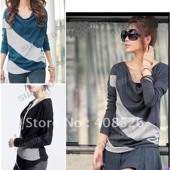 New Fashion Women's long sleeve batwing T-shirt Tops & Blouses Blue, Wholesale Free Shipping 3338