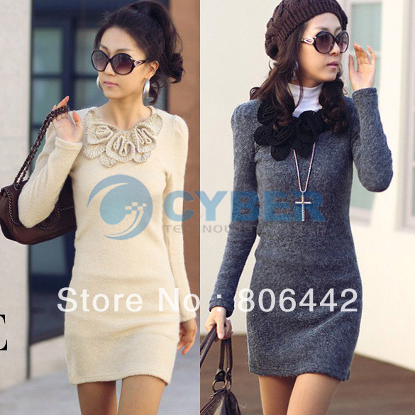 New Fashion Women's Long Sleeve Butterfly Flower Woollen Sweater Short Skirt Mini Dress Free Shipping