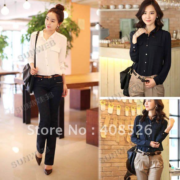 New Fashion Women's Long Sleeve chiffon Blouse Ladies' Shirt Black/White/Blue 3 Size Wholesale/Retail Free shipping 7442