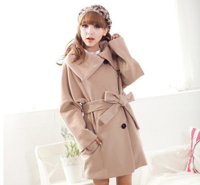new fashion women's long sleeved turn-down collar overcoat camel/ dark-grey free shipping g3502