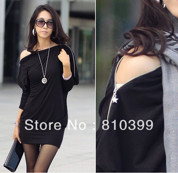 New Fashion Women's Off-Shoulder Tops Shirt Zip Batwing OL Long Sleeve Casual Dress 2 ColorsFreeshipping#D019