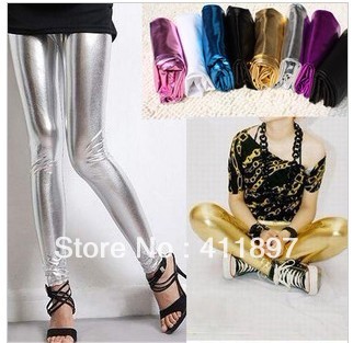 new fashion women's sexy leather metallic shiny matt stretch punk leggings tights pants femalefree shipping