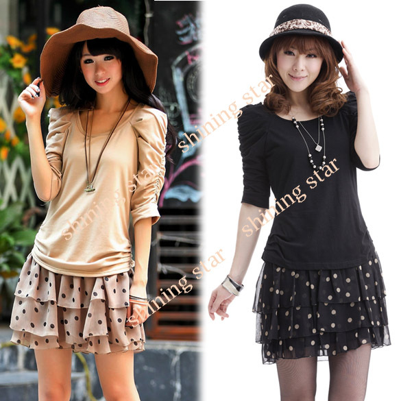 New Fashion Women's Splicing Puff Sleeve Dot Mini Chiffon Dress False two pieces Apricot/ Black S 11008