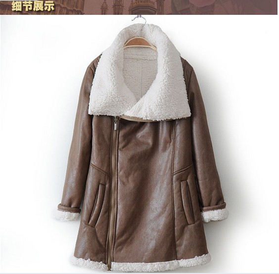 new fashion women's warm lamb wool fleece lined PU leather large collar coat  top quality elegant lady's down parkas jacket