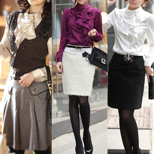 New Fashion Women's Waterfall Ruffle Front Detail Neck Top Shirt Blouse White Khaki Purple S M L XL WS02