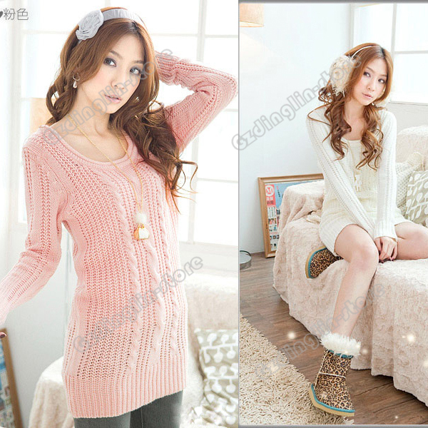 New Fashion Women's Winter Long Sleeve Twist Woolen Pullover Sweater Jacket Coats Outerwear White Pink Size S Free Shipping 0131