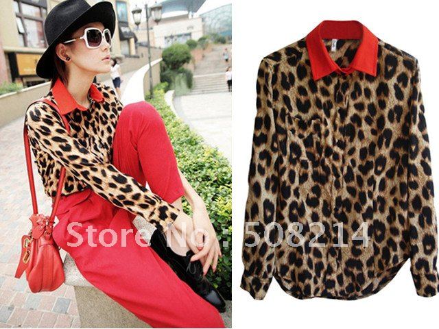 New fashion women sexy leopard grain blouse,lady red lapel blouse shirt,mash-up lady top