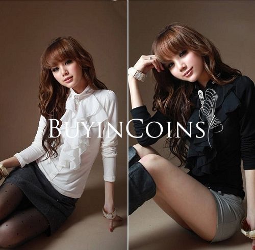 New Fashion Women Slim Stand-Collar Flouncing Long-sleeve Shirt Top Blouse CA1047 [20728|99|01]