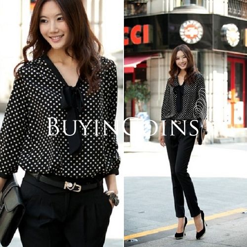 New Fashion Women V-neck Polka Dot Tie Chiffon Bottoming Shirt Top Blouse CA1048 [20738|01|01]