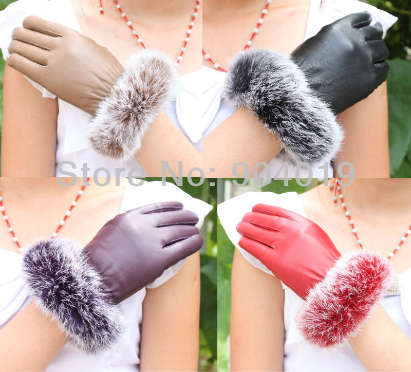 New Fashion Women Winter Wrist Gloves Genuine Lambskin Leather Rabbit Fur M L