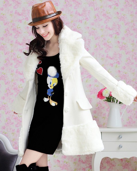 New fashion women wool cashmere coat Free shipping white faux fur collar trench coat long overcoat winter jacket,GDW24